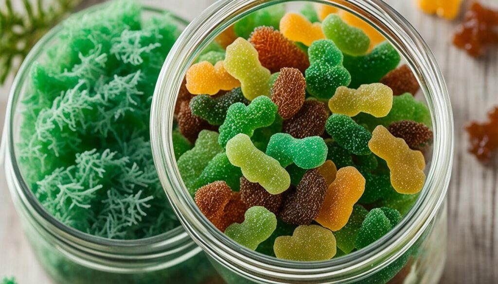 Show a close-up view of a jar filled with translucent, colorful organic sea moss gummies, surrounded by small pieces of dried sea moss in shades of green and brown.